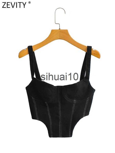 

women's t-shirt zevity new women chic bright line design corset denim sling camis tank high street lady summer back zipper slim crop l, White