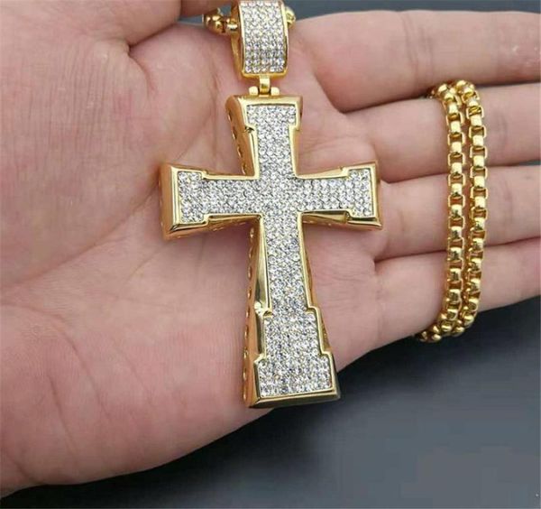 

pendant necklaces men039s necklace iced out rhinestones big cross for men gold color stainless steel chain hip hop jewelry8406583, Silver