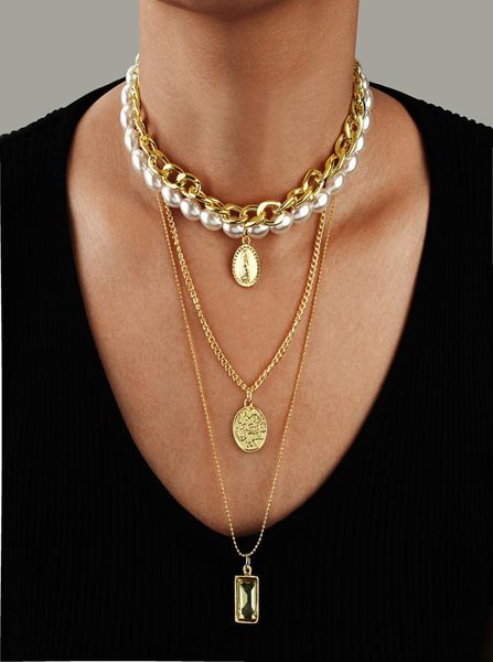 

2020 pearl necklaces womems golden choker simple multilayer pearl necklace tide clavicle chain ins 3323058, Silver