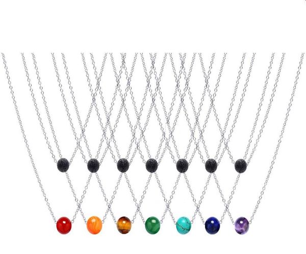 

double layers stainless steel chian 10mm natural 7 chakras stone 8mm black lava bead aromatherapy essential oil diffuser necklace5809280, Silver