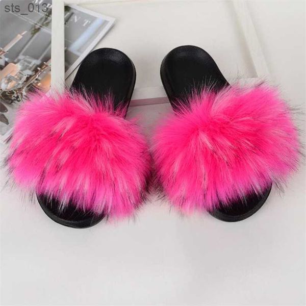 

summer fur slippers kids faux fur slides children fake fur fluffy sandals girls beach home plush sliders child furry flip flops l230518, Black;grey