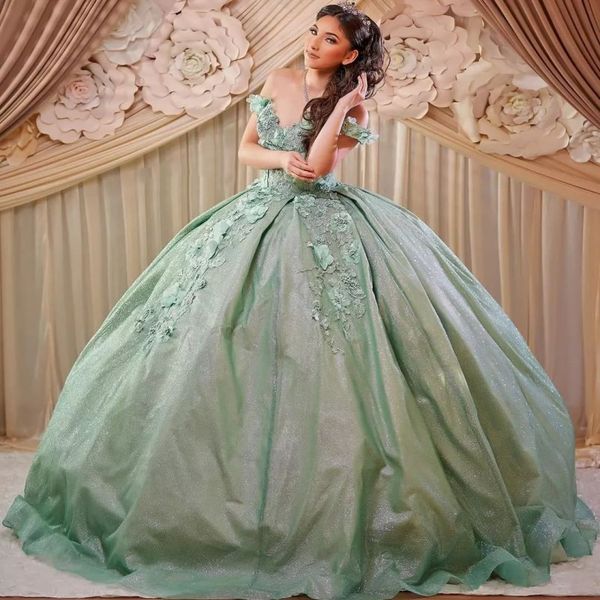 

sage green v-neck quinceanera dresses sweet 16 ball gown off the shoulder lace appliques 3dflower party princess lace-up back, Blue;red