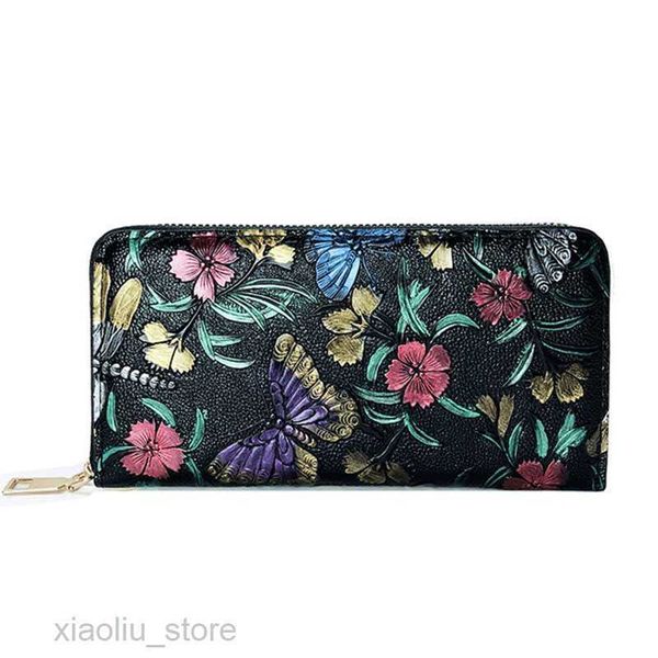 

money clips women's wallet retro knurling rose flower pattern long leather female wallet designer purse wristlet women phone bag sac fe, Black