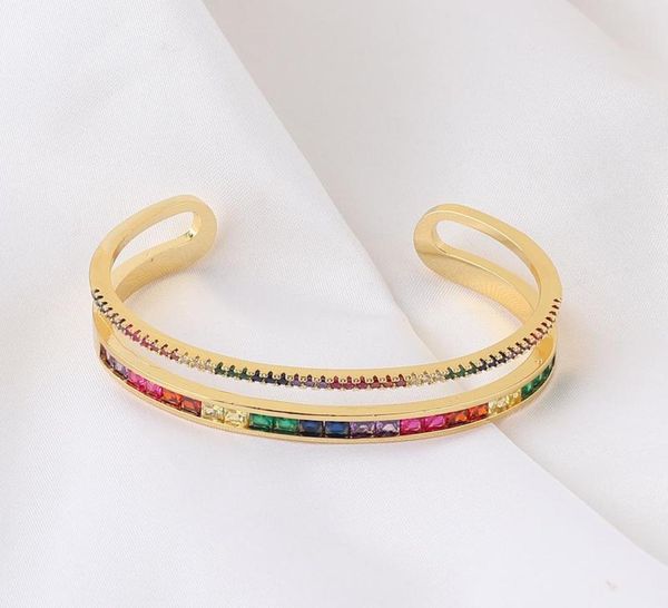 

gold filled blue green red white baguette rainbow cubic zirconia open bracelet women fashion jewelry4410300, Black