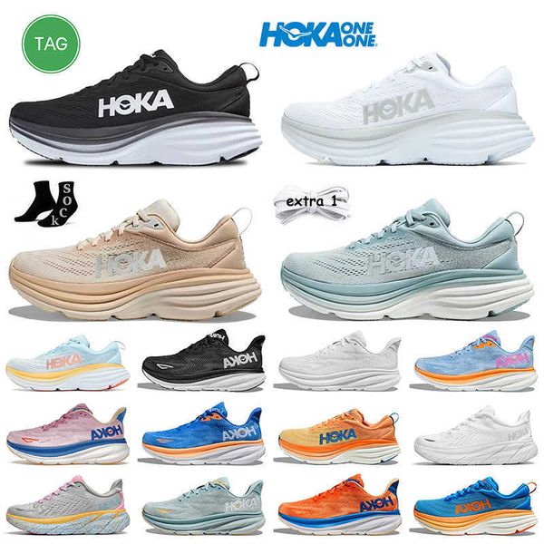 

2023 women men hoka bondi 8 running shoes black white hokas clifton 8 9 carbon x 2 on cloud mist blue floral people jogging runners trainers