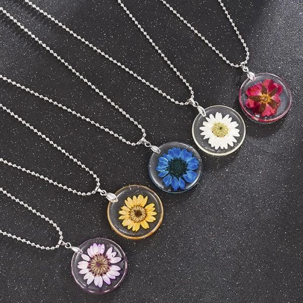 

women fashion real natural dried flower necklace simple round resin pendant necklace for women gift jewelry wholesale, Silver