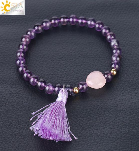 

csja reiki chakra bracelet 6mm natural stone bead tassel charm pendant bangle love heart bohemian handmade jewelry for women lover5930754, Black