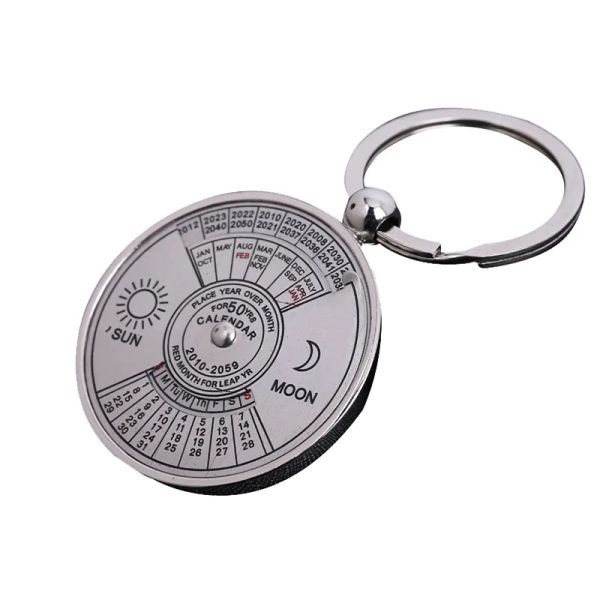 

retro 50 years perpetual calendar keychain sun moon compass keyring valentines day couple gift metal compass key chain pendant, Silver