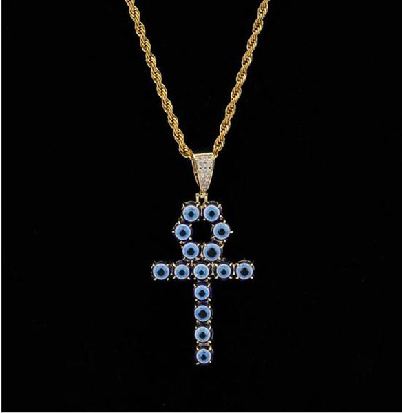 

blue color egyptian ankh key of life necklace 18k gold plated copper cross pendant cubic zirconia hip hop jewelry3403411, Silver