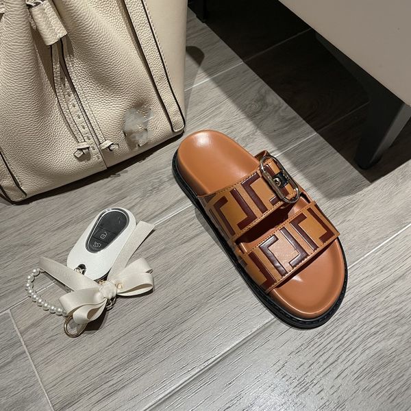 

2023 f designer rubber thick bottom slippers women sandal double strap buckle slides vintage brown black letter monograms web fashion platfo
