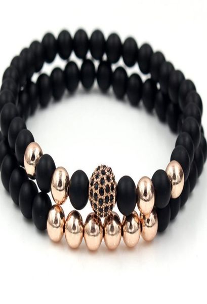 

6mm 2pcslot tj423 gold silver copper cz zircon cubic zirconia elastic adjusted charm nature stone frosted agate onyx bracelet3531210, Black