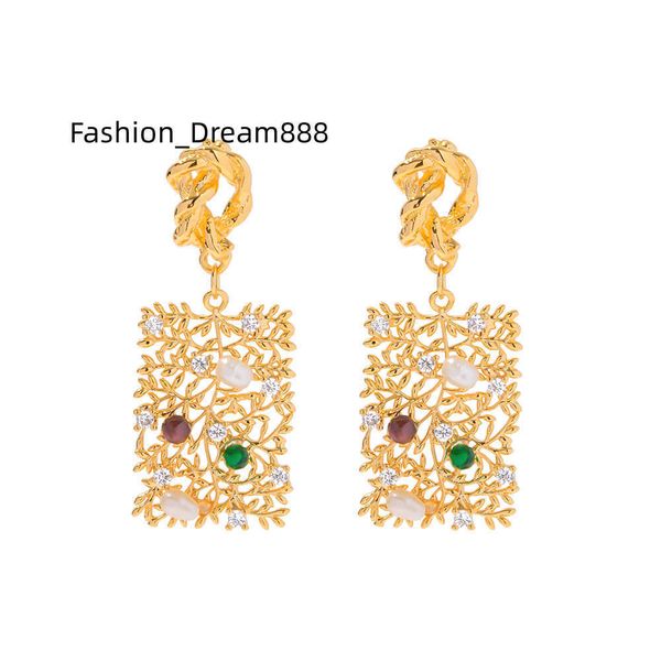 

vintage jewelry 18k gold plated brass snowflake shape colorful zircon square pendant pearl earring, Silver