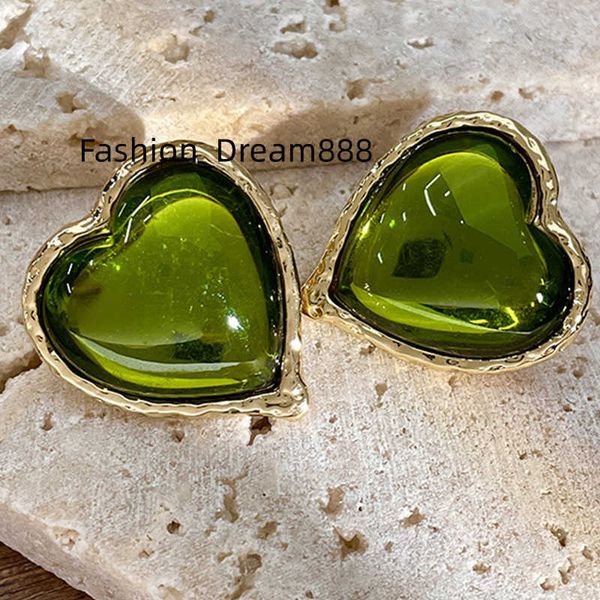 

kaimei fashion jewelry french vintage acrylic green love cat's eye earrings design style green opal agate heart stud earrings, Silver