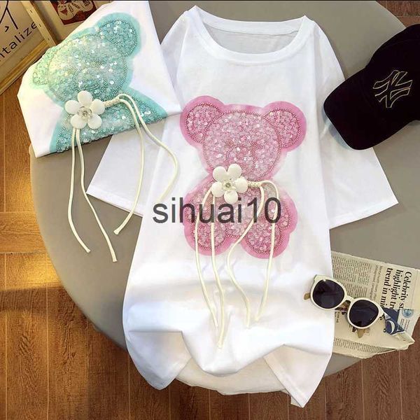 

women's t-shirt tshirts for women summer korean fashion 100% cotton short sleeve tshirt bear sequins designer clothes women luxury s-4, White