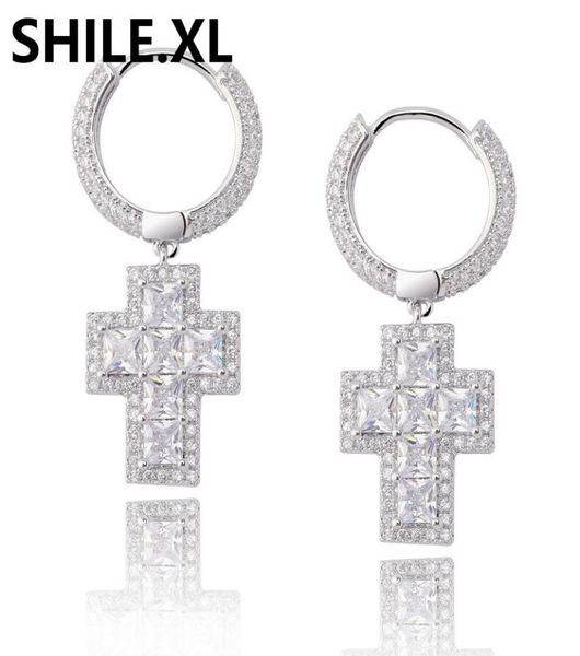 

hip hop iced out cz diamond cluster zirconia gold silver plated cross stud earrings for men hip hop jewelry3602043, Golden;silver