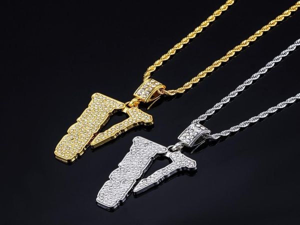 

fashion mens 18k gold plated custom iced out letter v pendant necklace hip hop jewelry rhinestone stainless steel chain necklaces 5567204, Silver