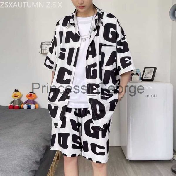 

men's tracksuits letter printing shirt men's shorts 2piece set summer beach shorts ice silk suit korean fashion men 2023 new male, Gray