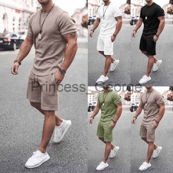 

men's tracksuits summer suit men's solid casual short sleeve tshirt shorts sports two piece set x0627, Gray