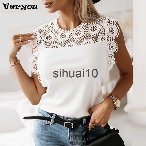 

women's t-shirt women sweet ruffles clothing summer sleeveless fashion hollow out flower t-shirt white black lace shirt tee 2023 j2306