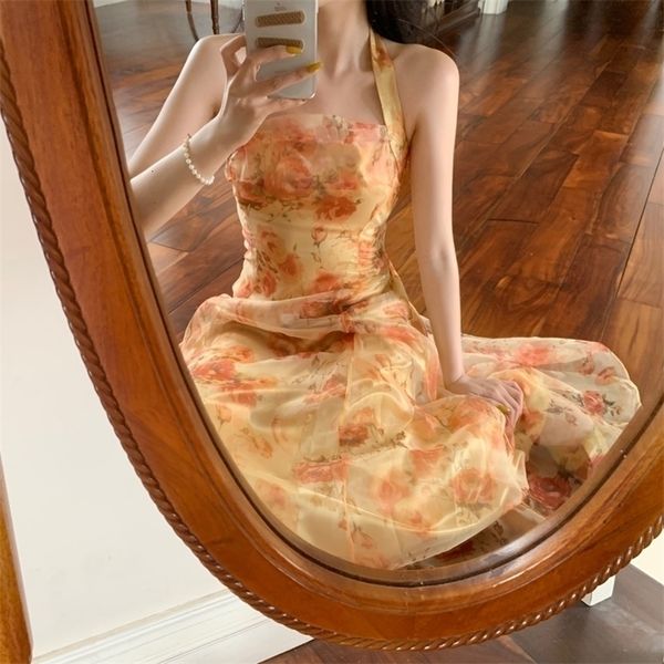 

french vintage dress women elegant backless floral halter neck midi dress summer chiffon holiday beach dresses for women 220526, Black;gray