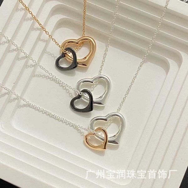 

tiffay s925 sterling silver hollow double heart buckle pendant necklace exquisite women's fashion light luxury collar chain, Black