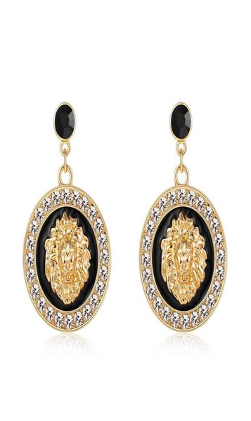 

hip hop lion head charm stud earrings gold color alloy crystal black enamel costume jewelry3857905, Golden