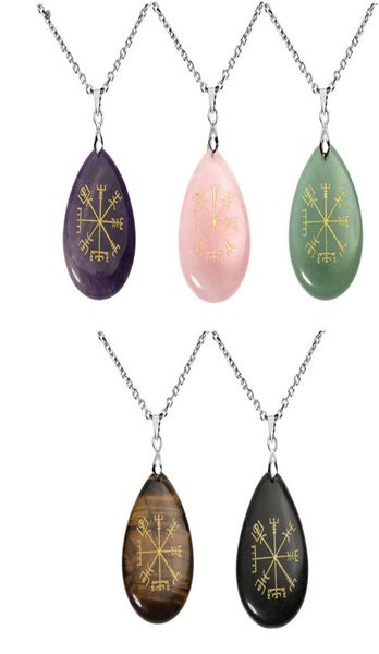 

viking symbol rune vegvisir compass talisman chakra reiki healing crystal teardrop tumbled gem stone pendant necklace jewelry6208446, Silver
