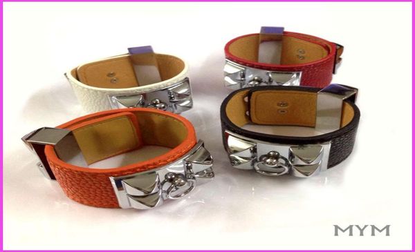 

alloy fashion punk big rivets titanum steel bracelet with leather in many colors women and man plate with silver brand name je9170125, Black