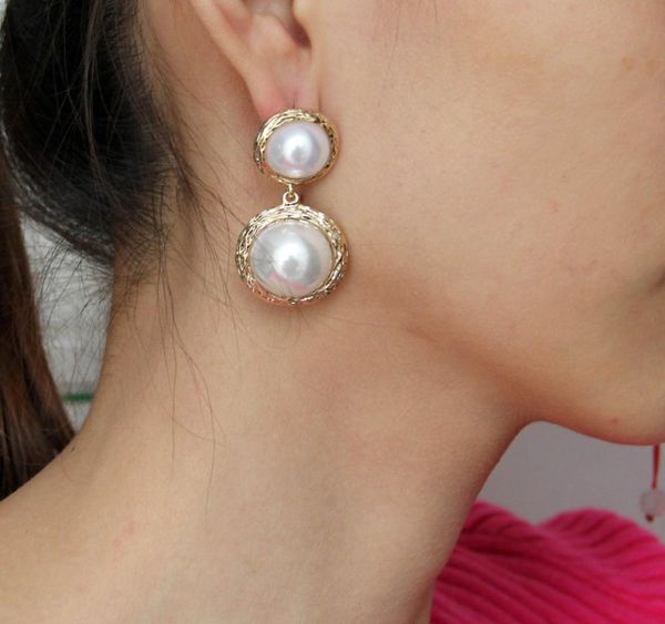 

women fashion jewelry vintage metal punk earrings golden silver color big simulated pearl stud earrings5810207