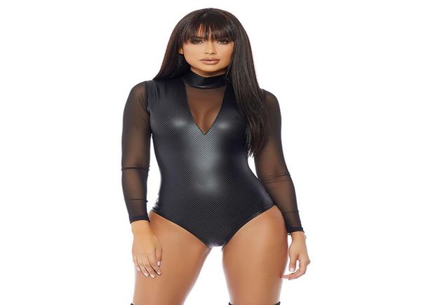 

wetlook bodysuit mesh long sleeve high neck leather catsuit lingerie club transparent black faux vinyl body suits for women s5477529, Red;black