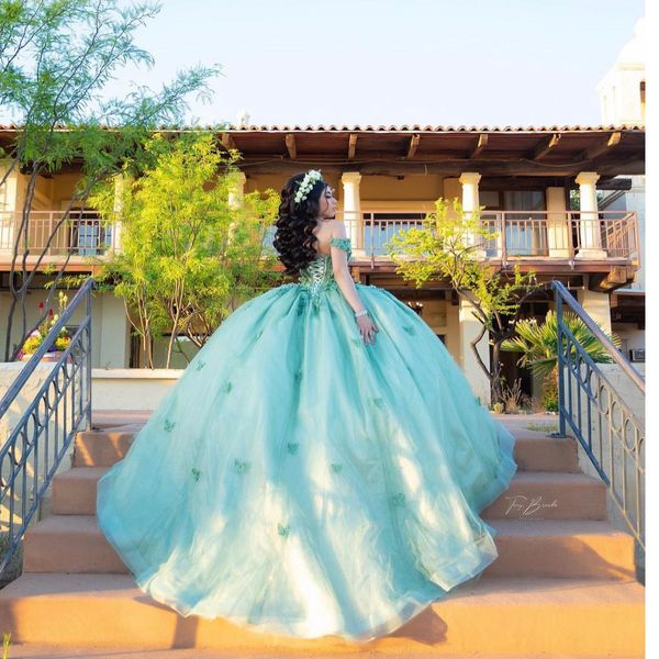 

green quinceanera dresses for sweet 16 girls 3d flowers beads off the shoulder ball gowns birthday dress vestido de 15 anos, Blue;red