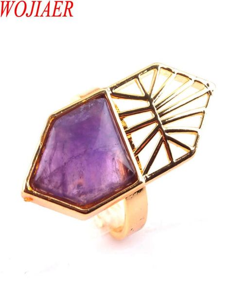 

wojiaer single natural amethyst gemstone finger ring jewelry women geometric nature stones party rings birthday gift for girls x304380430, Golden;silver