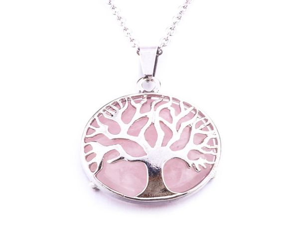 

natural round gem stone tree of life necklaces pendants pink quartz white crystal lapis lazuli tiger eye opal neklace7165771, Silver
