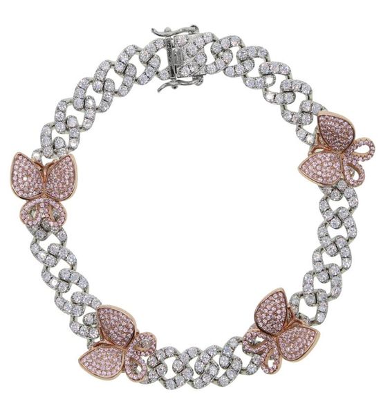 

10mm miami cuban link chain rose pink butterfly charm iced out cz cuban women bracelet 17cm 19cm cx2007293809900, Black