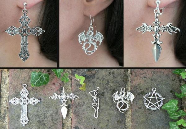 

vintage silver supernatural pentagram earrings for women statement cross dragon skull dangle earrings hooks punk drop earing gothi8146535