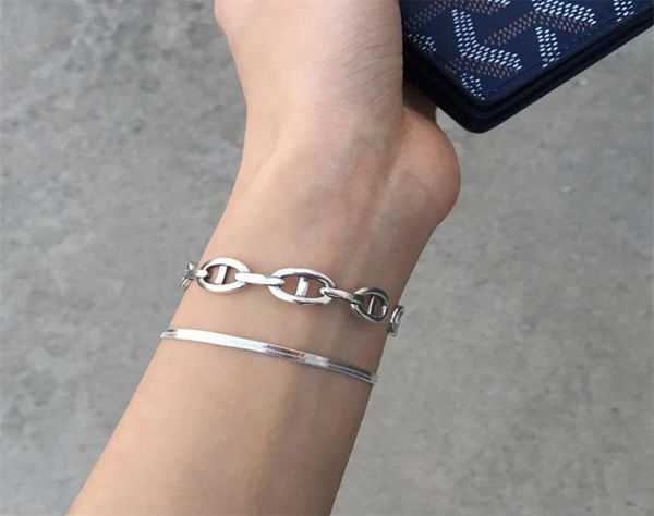 

925 sterling silver korean solid whole body brand net red pig nose oval h letter open bracelet heavy industry4157633, Golden;silver
