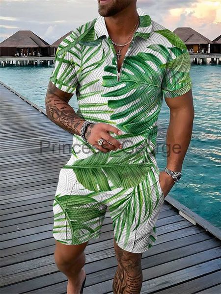 

men's tracksuits summer men's tracksuit hawaiian vacation style polo shirt set turn down collar zipper clothing casual outfit suit, Gray