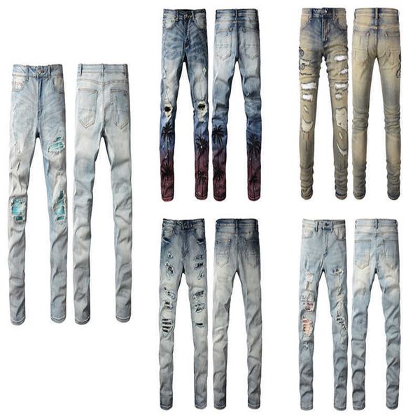 

mens designer jeans paige amirs fashion skinny straight slim non-elastic ripped design pants knee tear tight size 28-40 long style 2023 summ, Blue