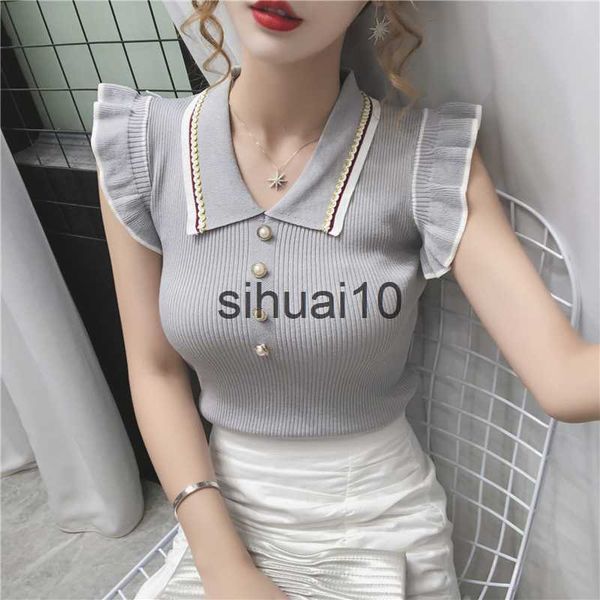 

women's t-shirt summer fashion korean slim crop women turn-down collar knitted t-shirts sleeveless ruffles t shirt female tee shirt fe, White