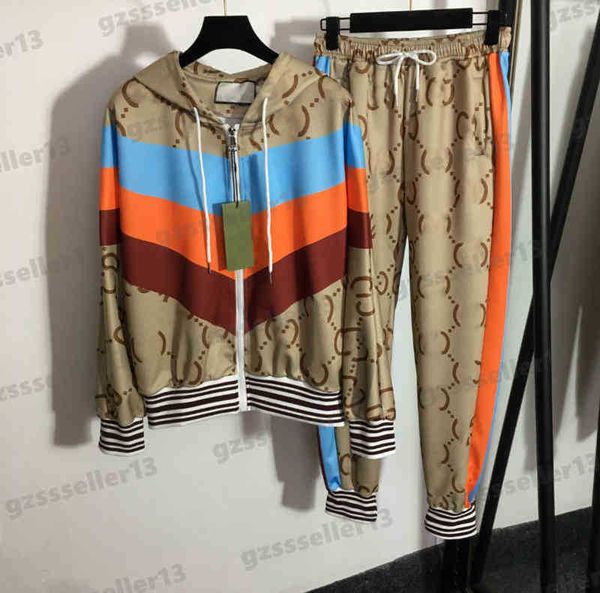 

designer womens tracksuits g letter logo print two piece sets striped colorblock zip hooded jacket and coffee color sweatpants suit fashion, Gray