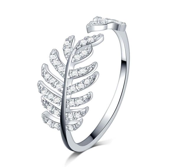 

real silver womens diamond ring with leaf feather fit style charm 925 sterling silver ring valentine's day gift2801987