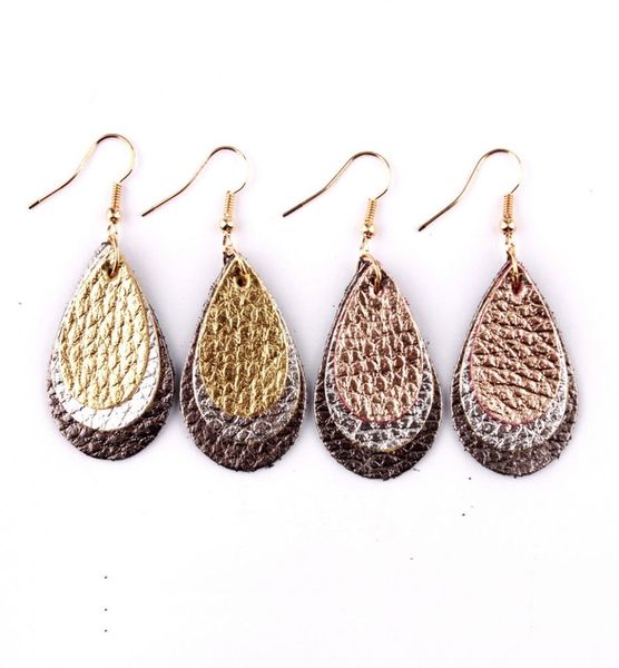 

2336mm fashion great quality modern design 3 layers genuine leather gold gunmetal teardrop dangle drop statement earrings for wom3889533, Silver