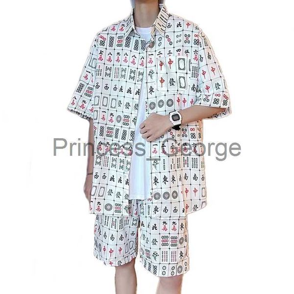 

men's tracksuits daily men sets short sleeve hawaiian shirt and shorts chinese mahjong printing casual shirts beach two pieces suit fas, Gray