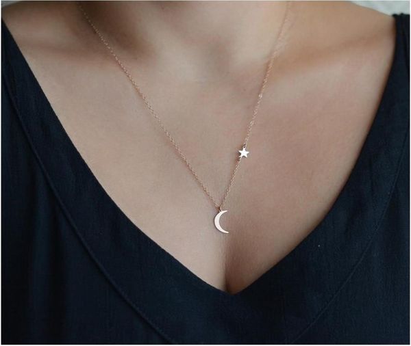 

moon pendant side with star silver or gold color choose with plated metal chain simple necklace3814091