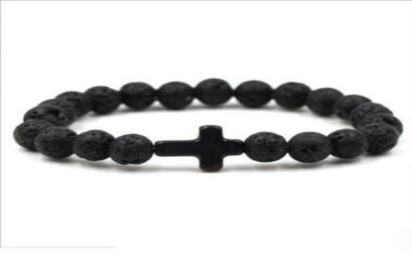 

trendy jesus cross charm blue turquoises men bracelet black lava stone 8mm white beads bracelets bangles for women yoga jewelry9136094