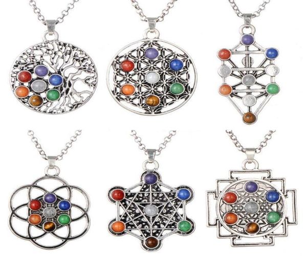 

7 chakras pendulum necklaces colorful natural stone tree of life pendant necklaces women yoga jewelry5880883, Silver