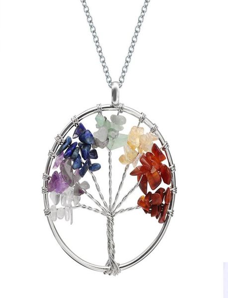 

tree of life quartz pendant necklace rainbow 7 chakra multicolor natural stone wisdom tree leather chain necklace for girls9517332, Silver