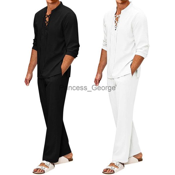 

men's tracksuits summer men hawaiian shirts sets medieval drawstring vneck white shirt beach pants trousers casual fashion mens 2 piece, Gray