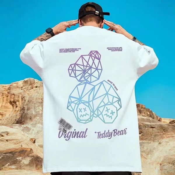 

men's t-shirts anime bear print t-shirt y2k men summer cotton round neck short sleeve tee hip-hop streetwear harajuku loose oversized t, White;black