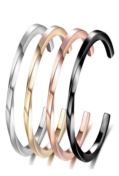 

18k gold plated curving stainless steel opening bangle bracelet 4mm width4463703, Black
